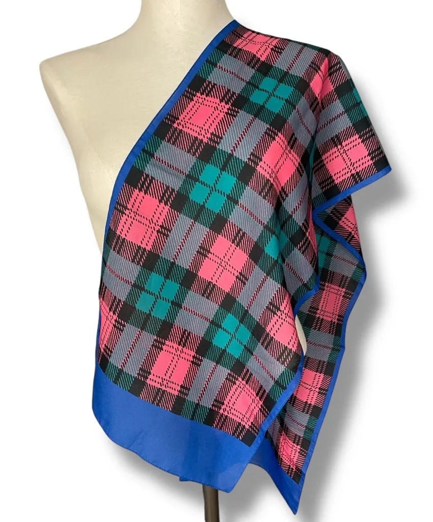 Vintage Plaid Scarf Rectangular Long Blue Pink Teal Black 12" x 53" Classic - Image 1