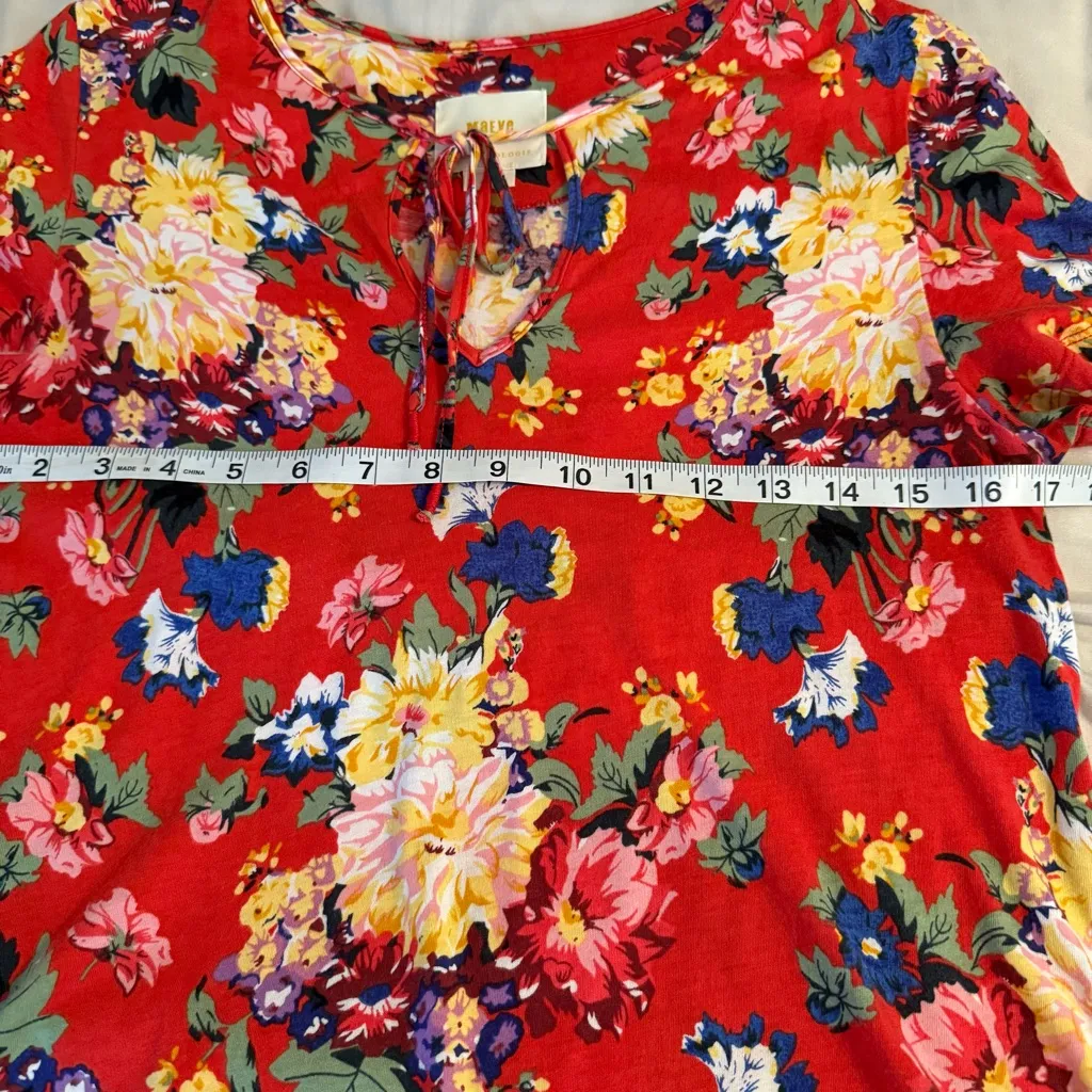 Maeve by Anthropologie Size S Clemente Red Floral Short Sleeve Tie-Neck Blouse - Image 11