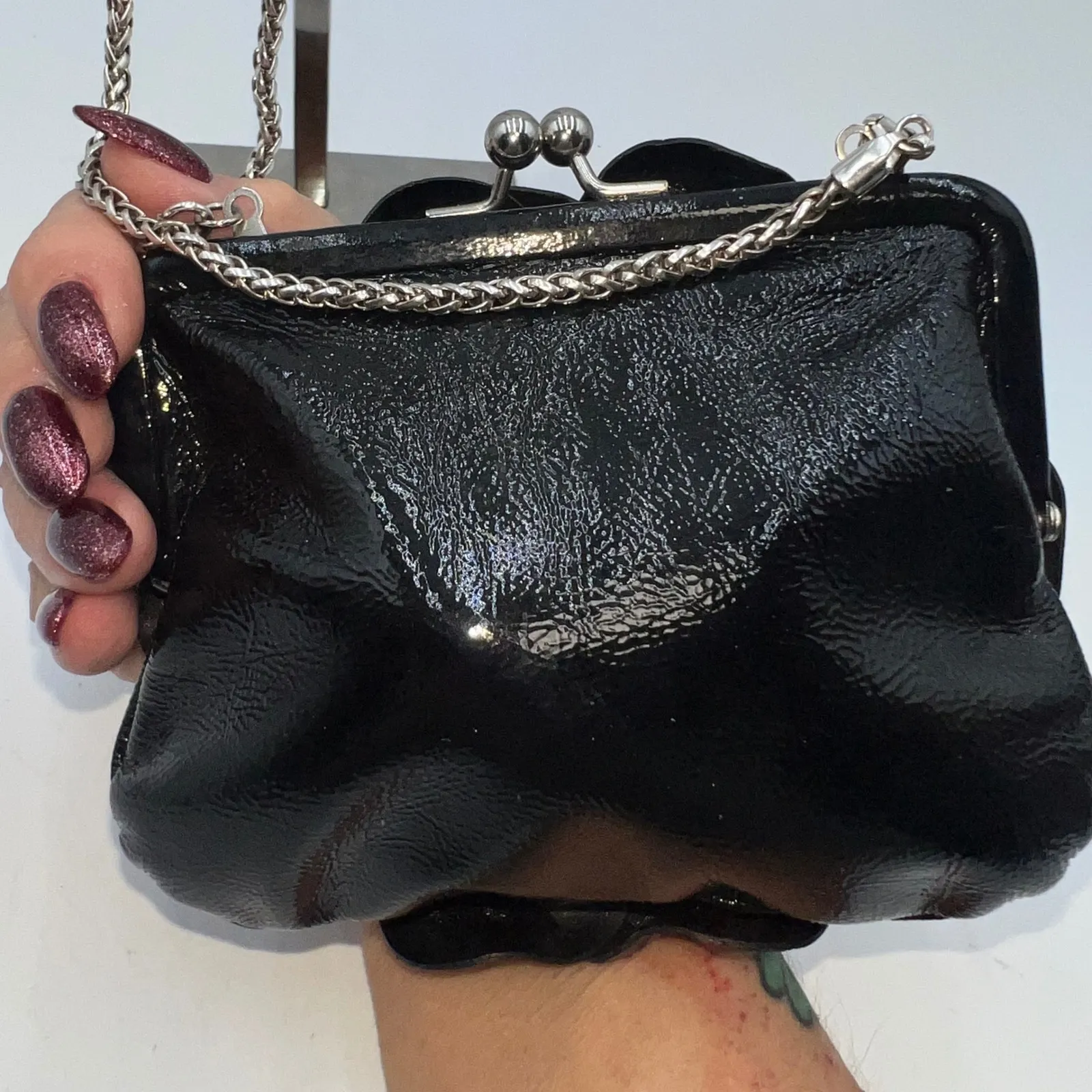 Brighton Kiss Lock Black Purse, Quilted Camellia Flower, Chain Shoulder Bag, - Image 5