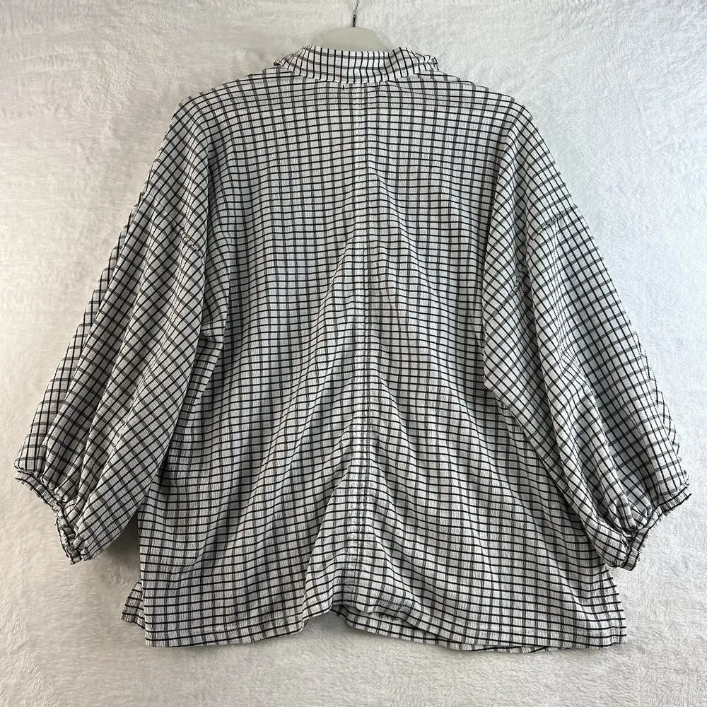 Max Studio 1X Top V-Neck Blouse Tie Neck Crepe White Black Plaid 3/4 Sleeve - Image 11