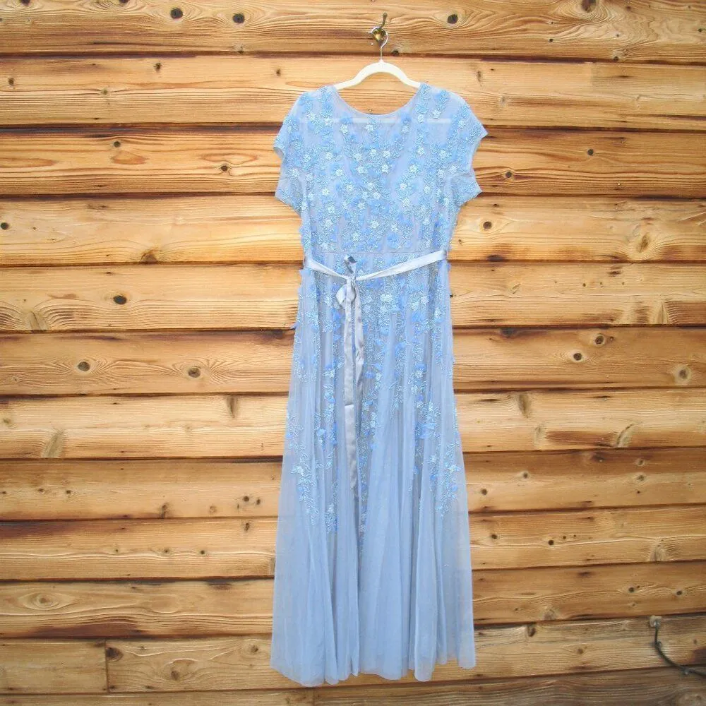 MAC DUGGAL 14521 Blue Floral Embellished Short Sleeve Mesh Gown Dress - Image 6
