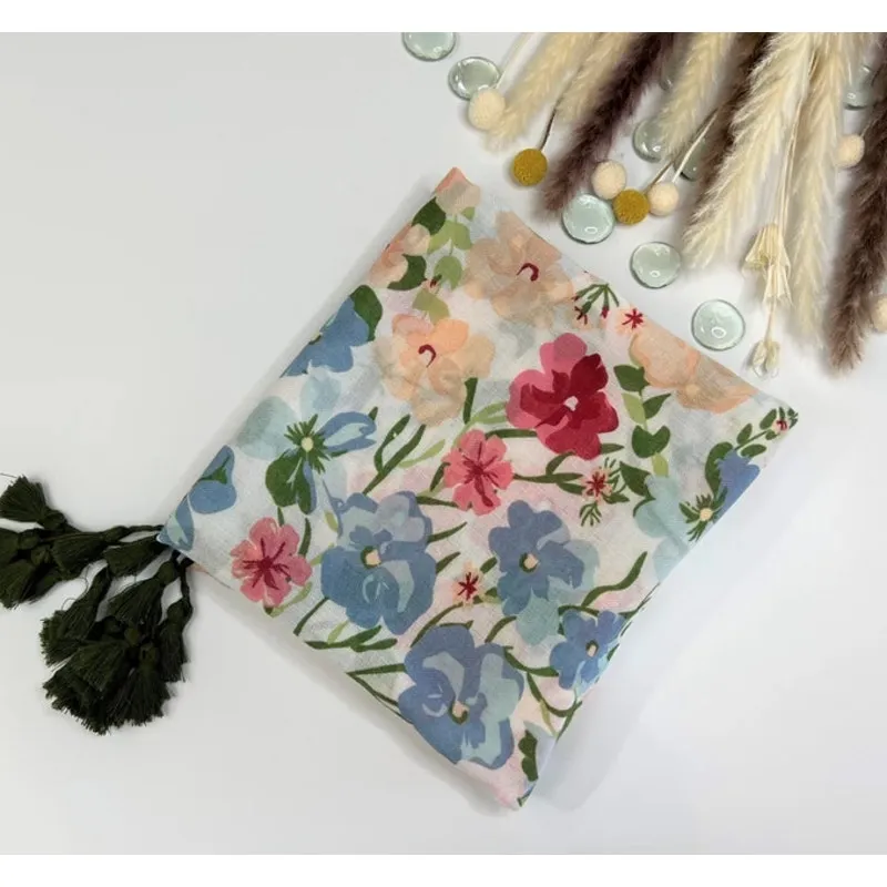 NEW Boho Exotic Floral Design Tasseled Rectangle Soft Chic Scarf L Cream White - Image 6