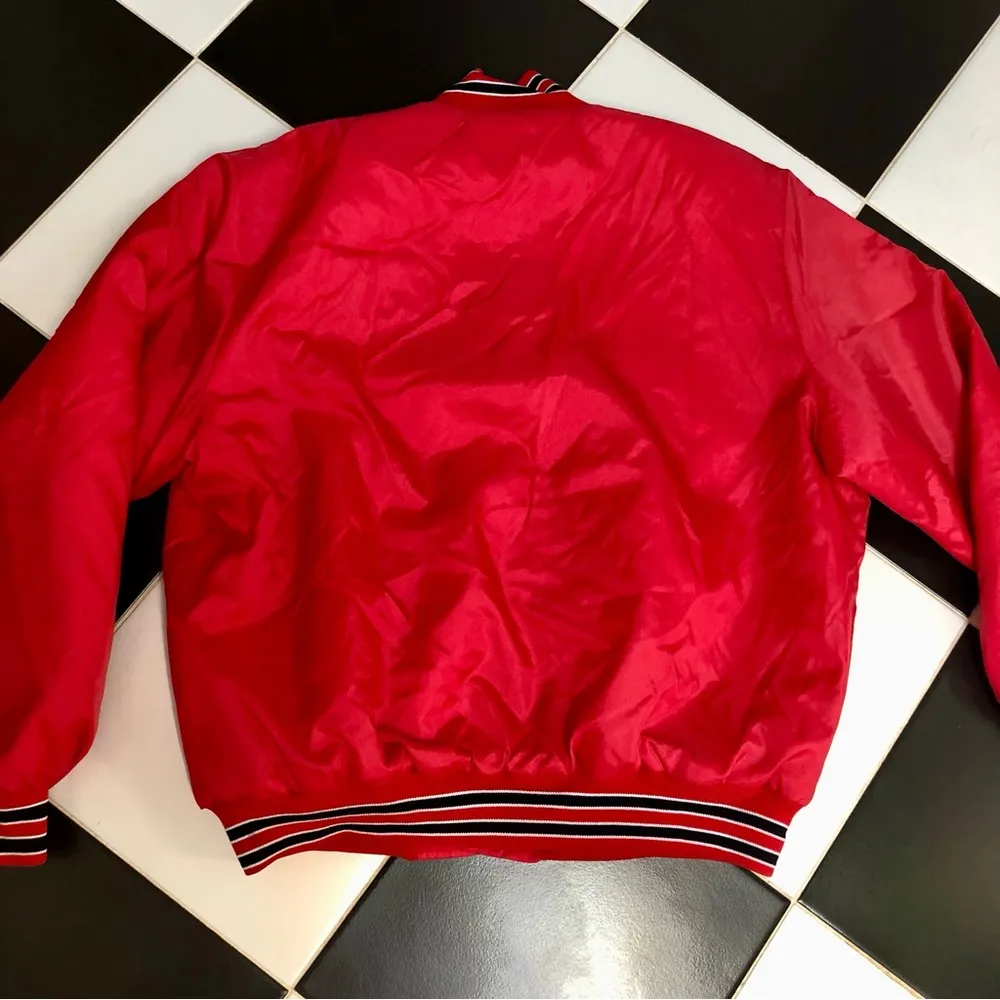 Vintage 70s 80s Bright Red Birdie Satin Varsity Jacket Bomber Portland Softball Size L - Image 11