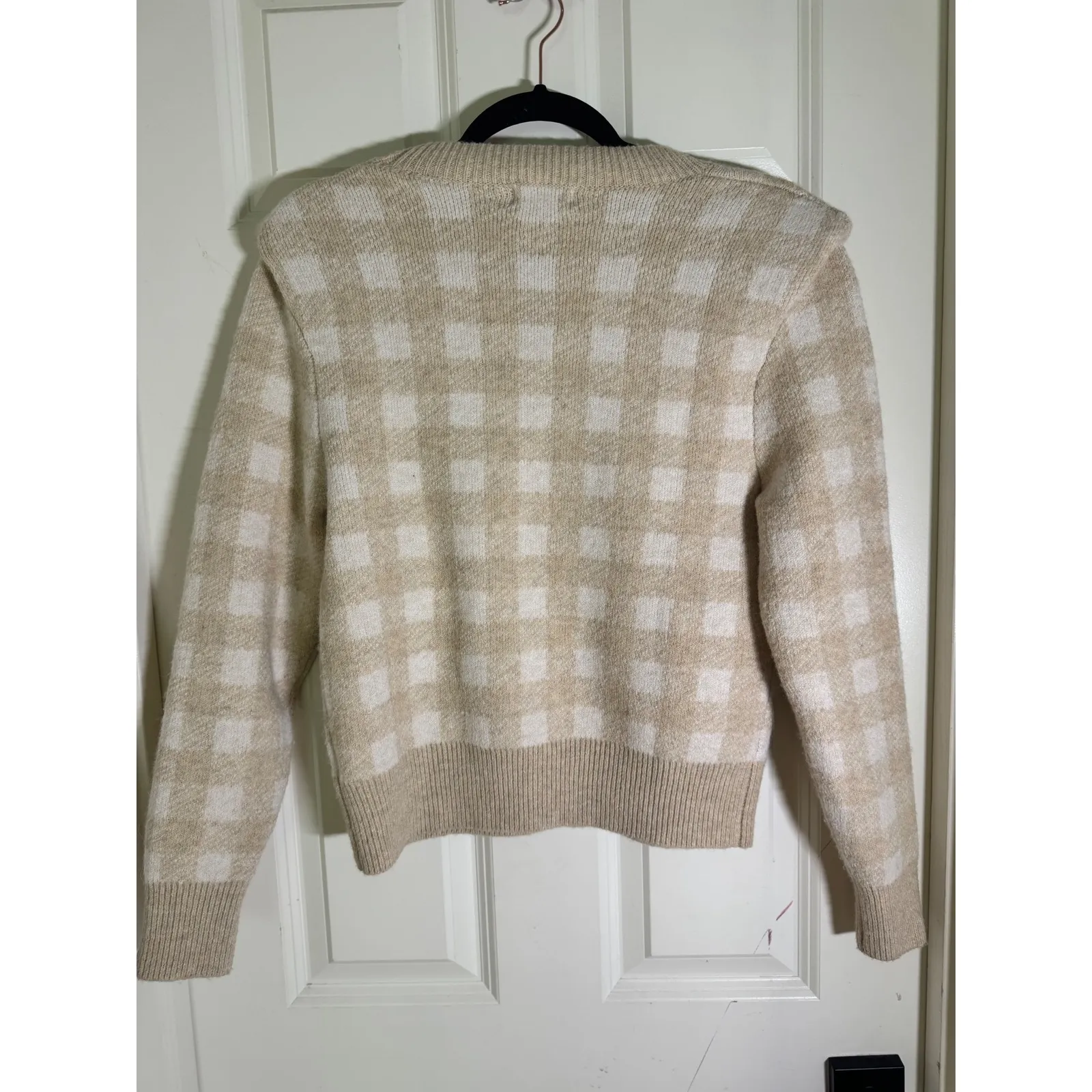 Evereve Checkered Sweater Beige Cream Cozy Knit Long Sleeve XS - Image 9