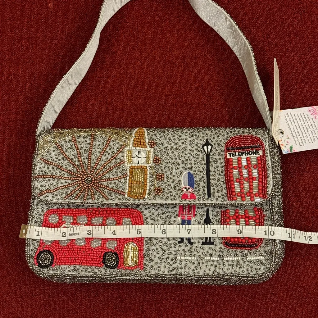 NWT London Beaded Shoulder Bag Made in India Grey Red Details Brand New Gray - Image 6