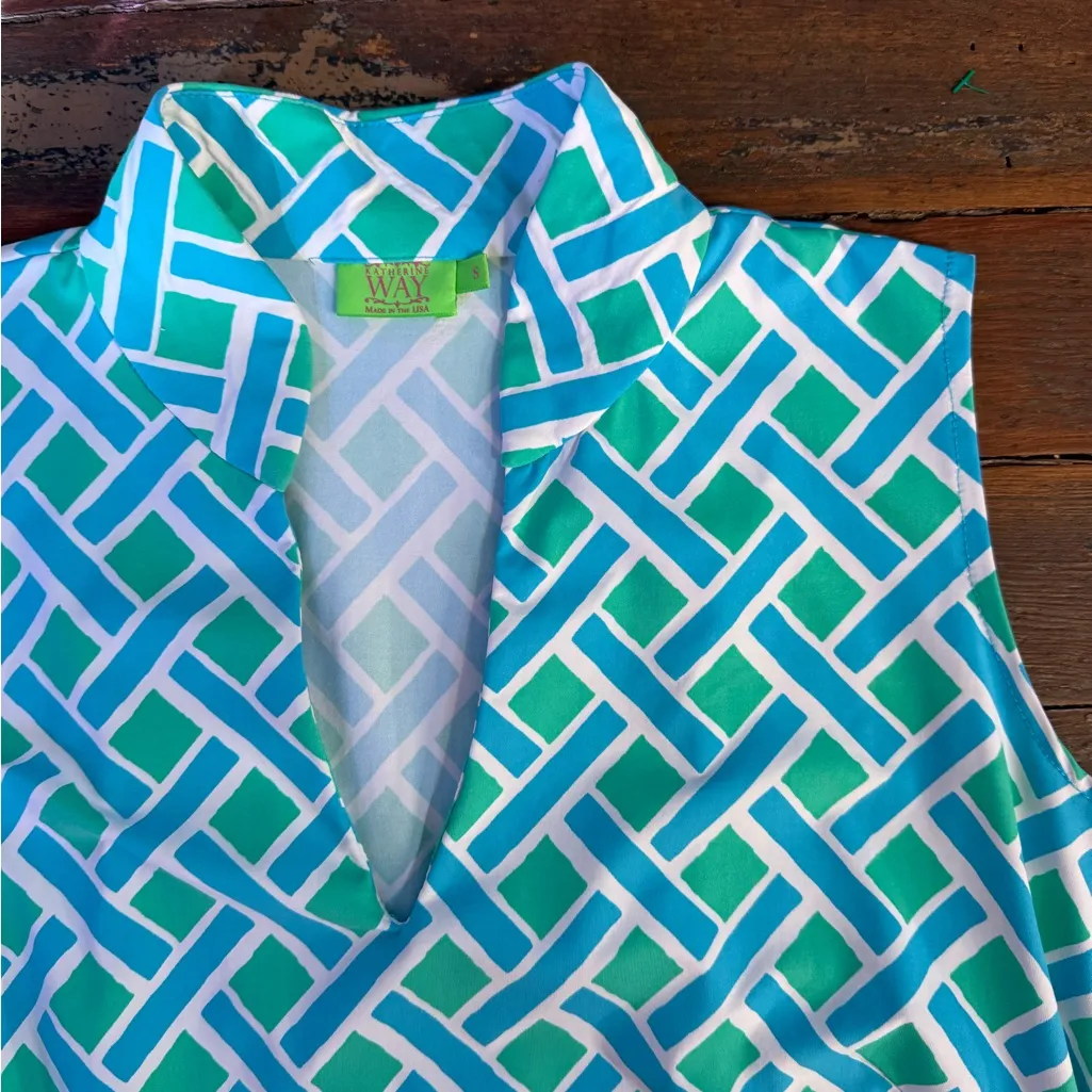 Katherine Way Mandarin Collar Colorful Geometric UPF 50+ Dress ~ Sz S 💛🍄 Blue - Image 7