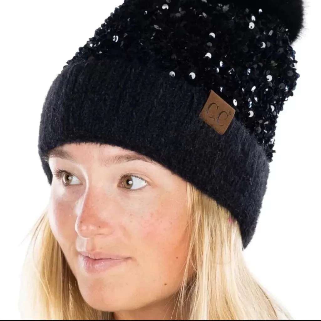 NWT C.C Exclusive Women Winter Soft Knit Shiny Sequin Cuff Beanie Hat with Pom Black - Image 2
