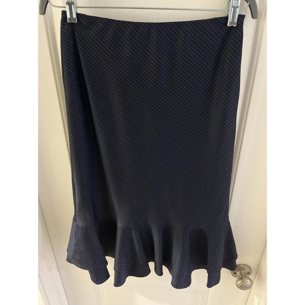 Ralph Lauren Black Label Wool Navy Pinstripe Midi Skirt Ruffle Hem Sz 2 Blue - Image 3