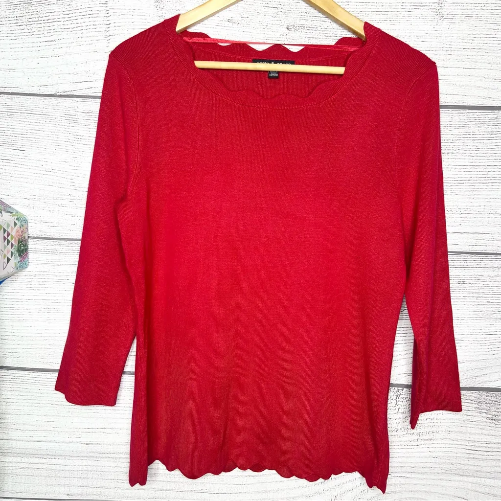 Cable & Gauge Red Scalloped Neck Sweater Top Size Large Holiday Christmas Office - Image 5