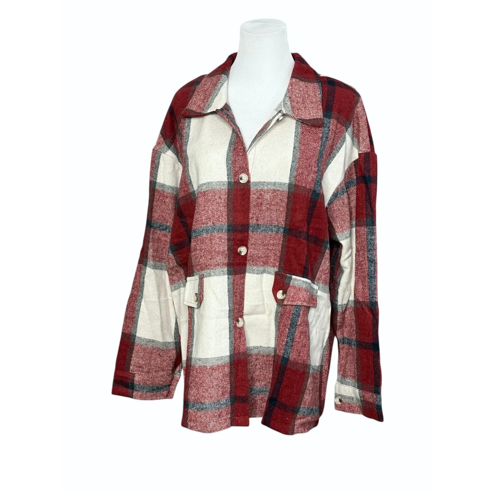 Cottagecore Collared Red Plaid Flannel BU Shirt 16W Shacket Cabincore NWT - Image 3