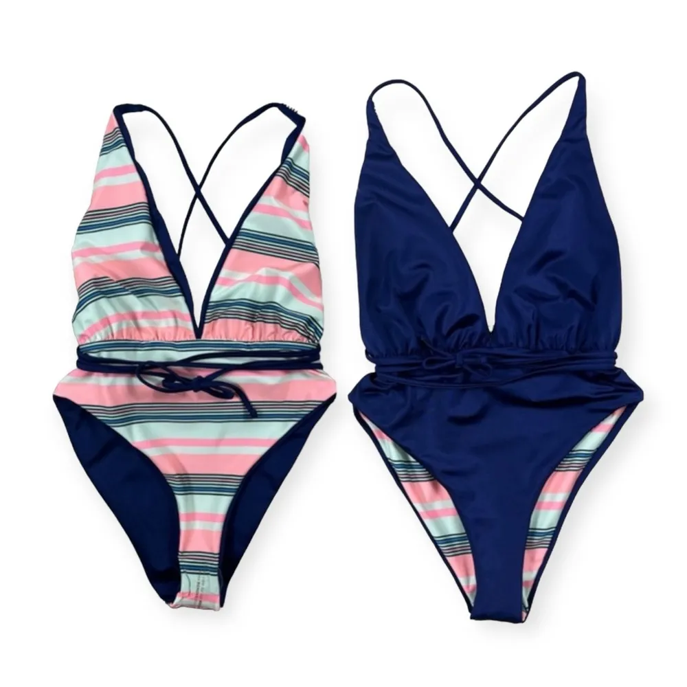 Maaji Safari Reversible Plunge One-Piece Swimsuit Stripe/Solid, Blue New w/Tag - Image 9
