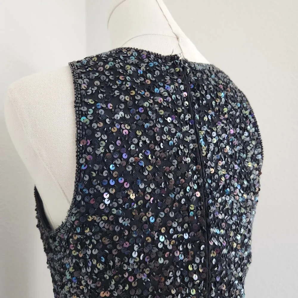 Vintage Lawrence Kazar Black Iridescant Sequin Silk Embroidered Blouse S - Image 9