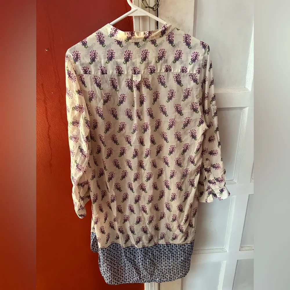 Zara Woman Cream & Purple Floral Geometric Silk Blend High Low Shirt Dress - Image 7