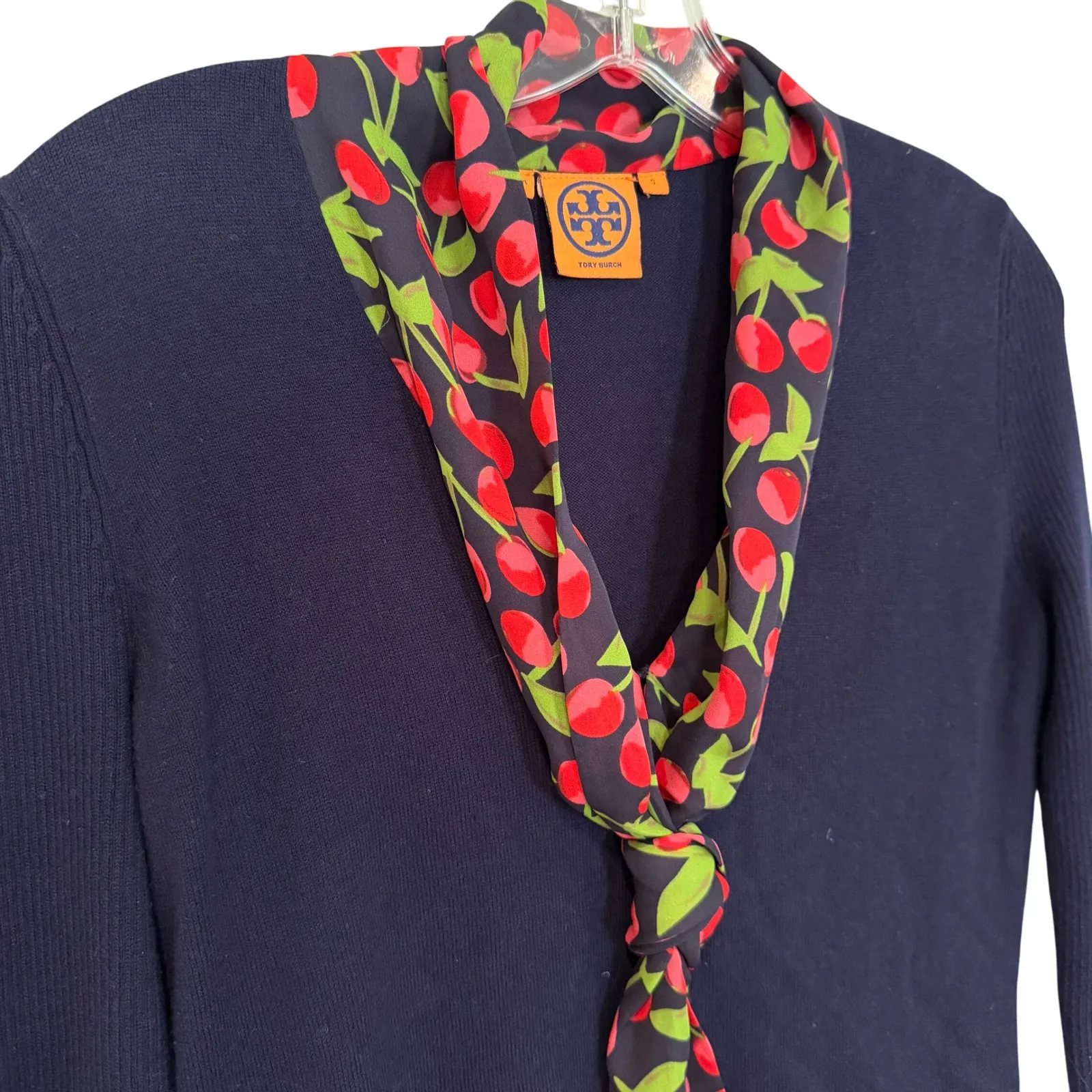 Tory Burch Cashmere Sweater Cherry Silk‎ Scarf Women's Small Navy Career Classic - Image 2