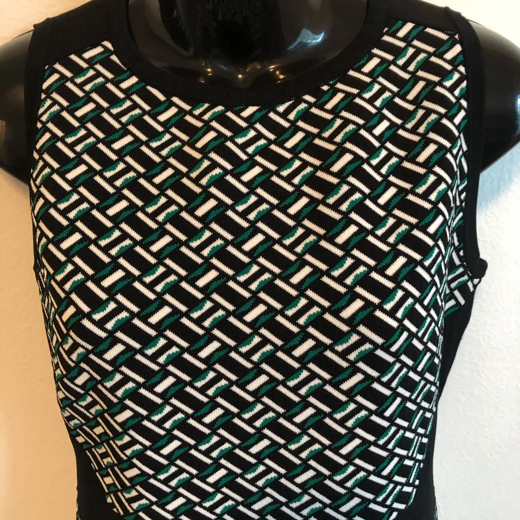 White House Black Market Green Black Patterned Fabric knit fit & flare dress S - Image 2