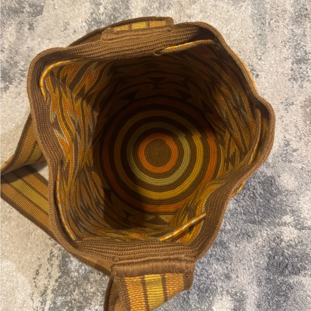 Source Unknown Yellow and Brown Crossbody Bag with Bohemian Fringe - Image 3