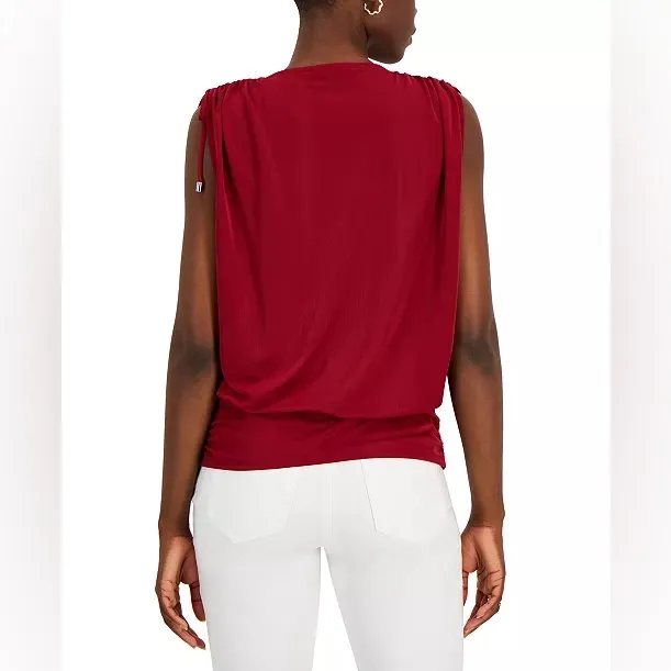 005. INC Ruched Shoulder Surplice Top In Ruby Slippers Red Size XL - Image 2