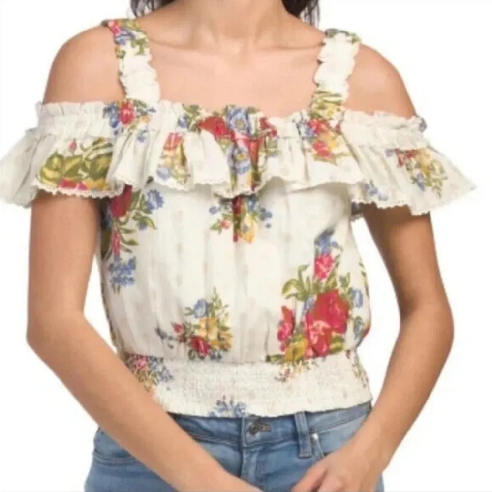 NWT House of‎ Harlow 1960 Helena Smocked Ruffled Floral Cropped Top Blue Size M Size M - Image 2