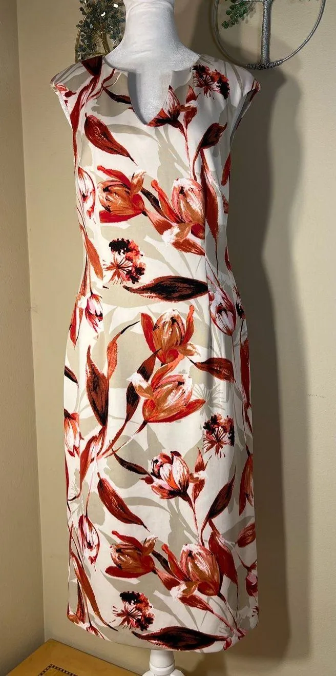 Connected Apparel Off White Taupe Red Floral Sleeveless Dress Size 4 - Image 1