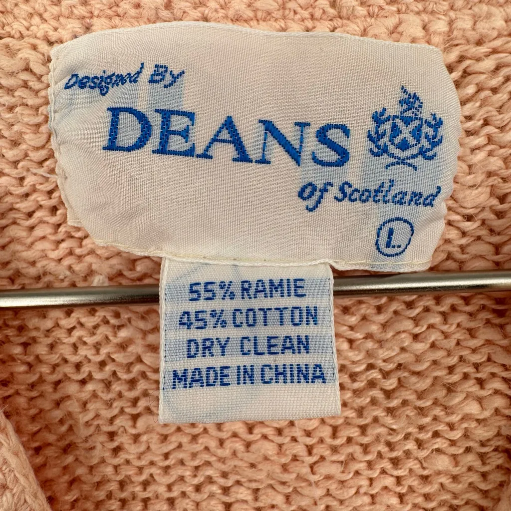 Vintage 80s 90s Deans of Scotland Sweater Peach Half Sleeve Pearl Buttons Large Pink - Image 4