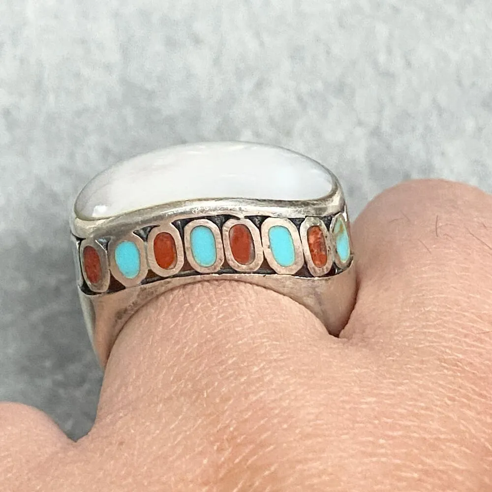 Designer CFJ Thai Sterling 925 MOP Western Band Statement Cocktail Ring Sz 9.75 Silver - Image 5