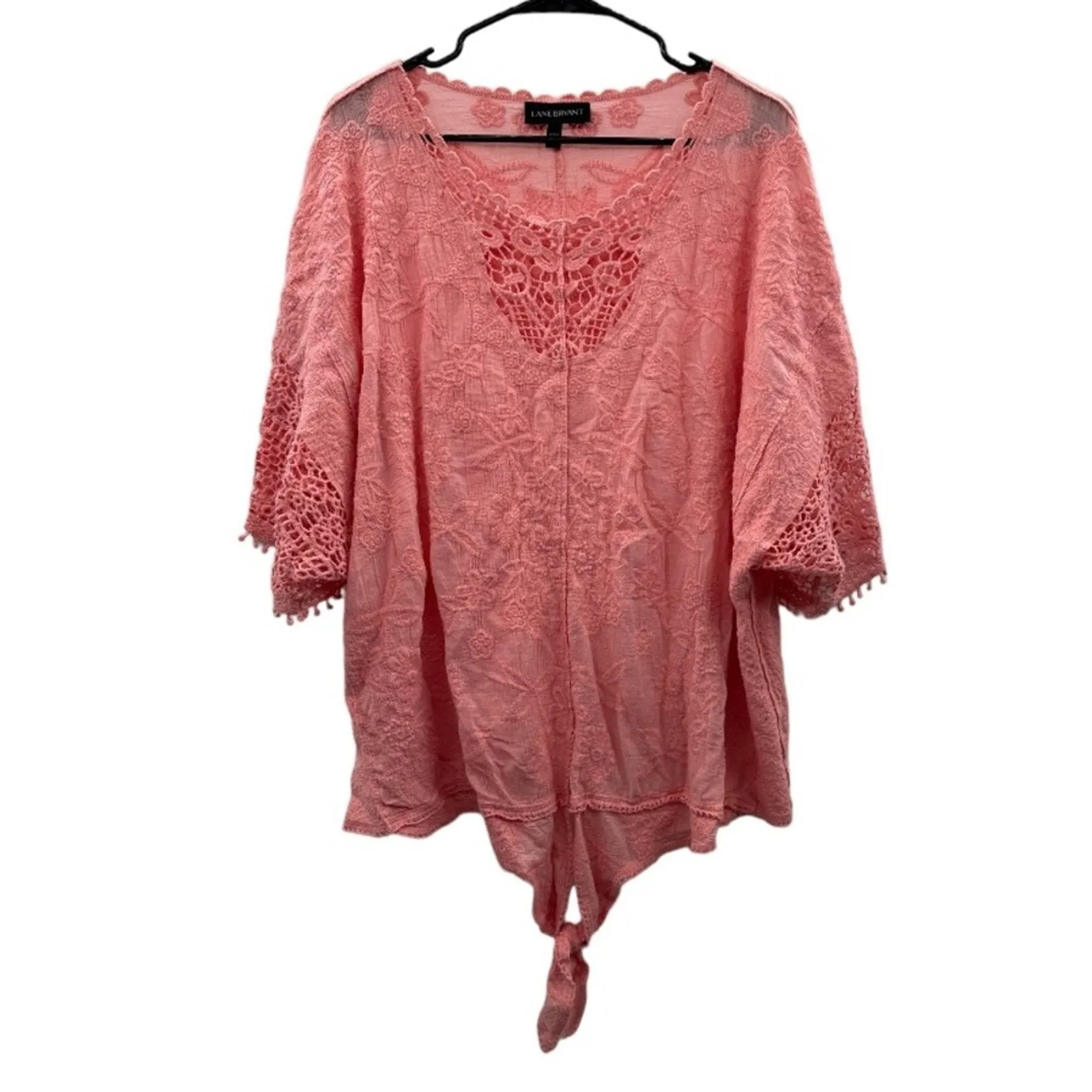 Lane Bryant Light Pink Tie-Hem Lace Crochet Short‎ Sleeve Top Size 22/24 - Image 3