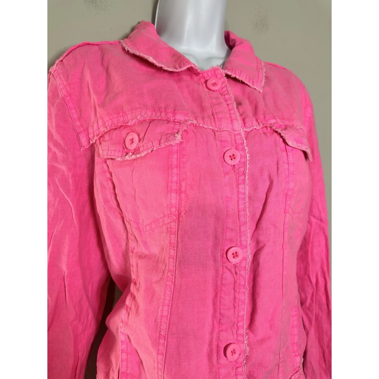 Lulu B Hot Pink 100% Linen Jacket Barbiecore NWT Size XL Fringe Trim Button Up - Image 2