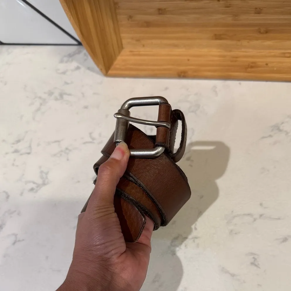 Vintage Fossil Brown leather belt silver buckle size S neutral Y2K casual - Image 3