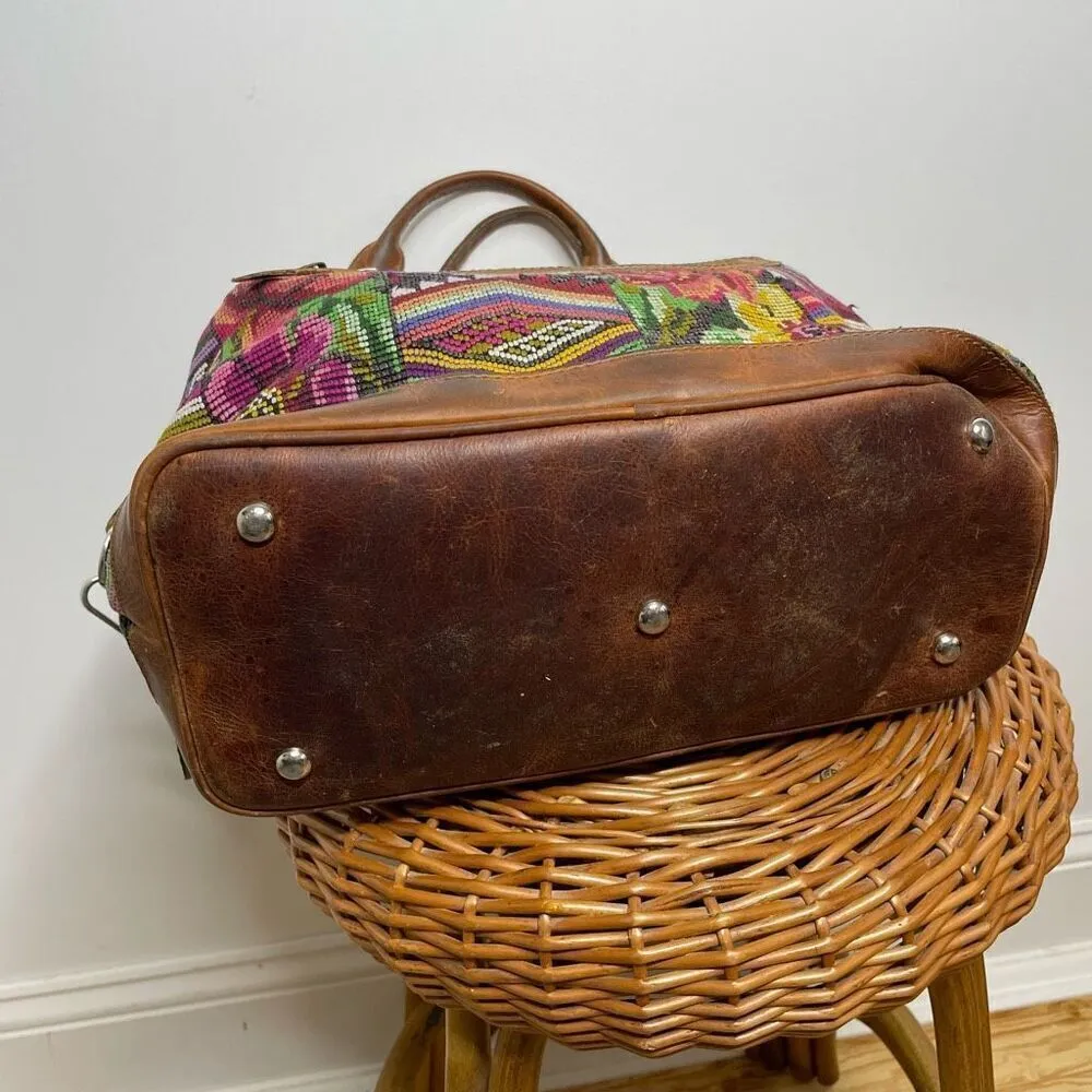 Nena & Co OOAC Weekender Bag Leather /Textile Purse Slouch Tote Travel Guatemala Brown - Image 2