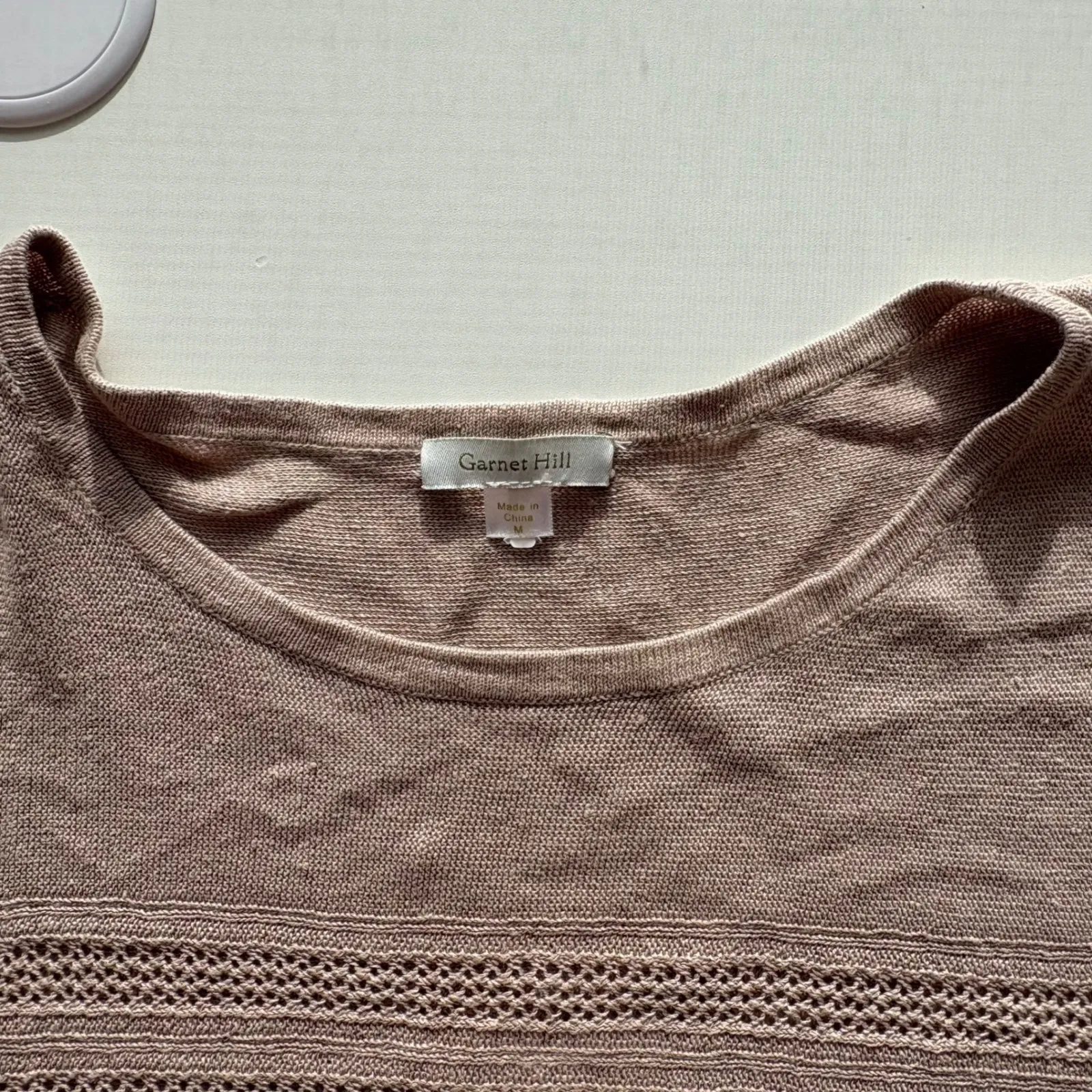 Garnet Hill Taupe Knit Sweater Textured 100% linen Long Sleeve Crew Neck Top M - Image 3