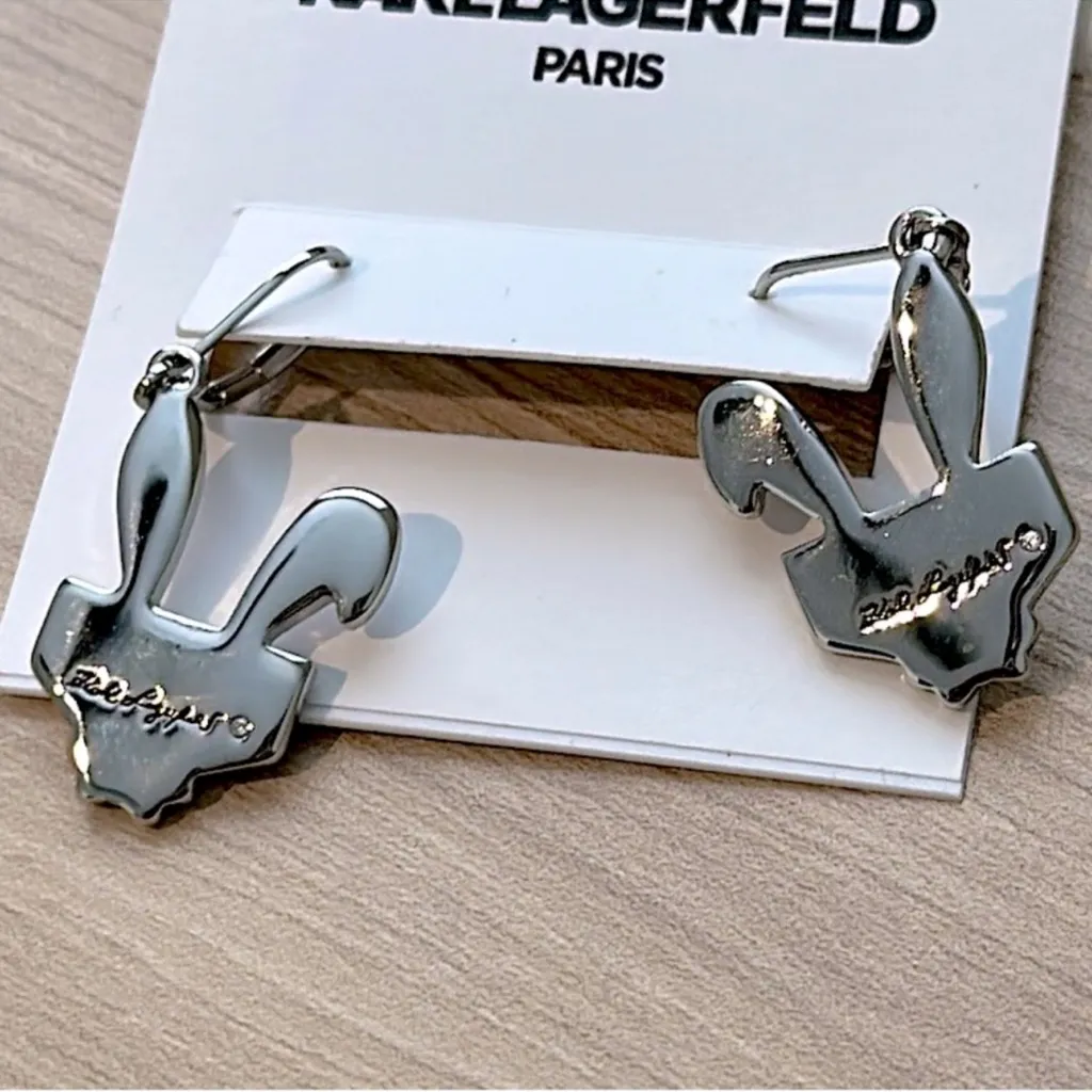 Karl Lagerfeld White, Pink and Silver Choupette Bunny Drop Earrings NWT - Image 5