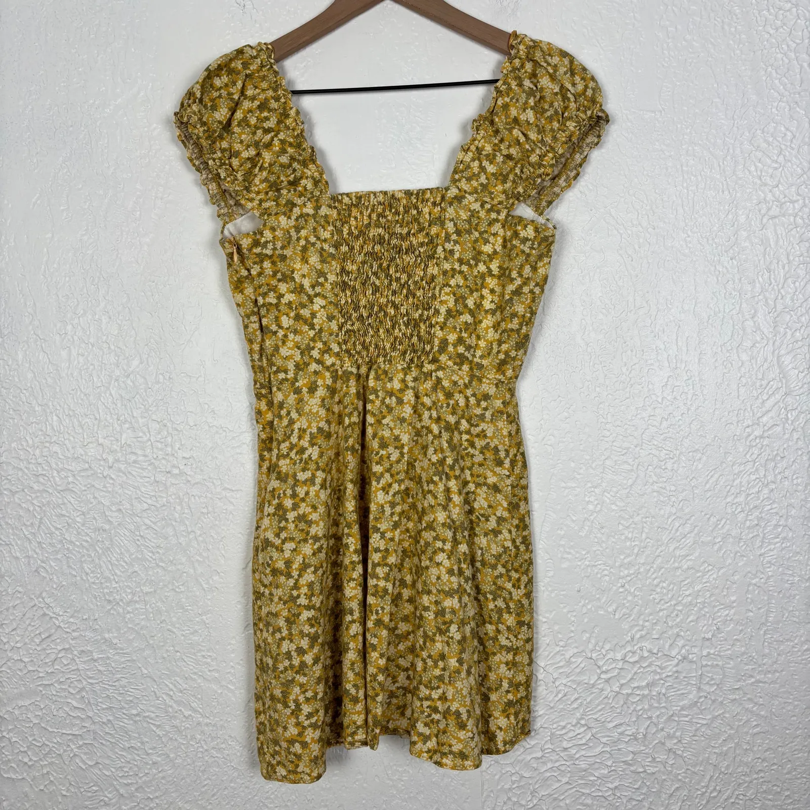 Zara Yellow Ditsy Floral Linen Blend Smocked Mini Dress Size Small - Image 3