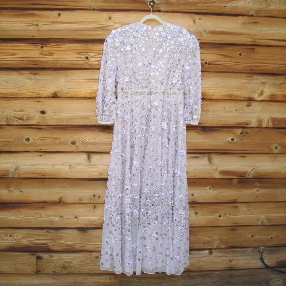 Mac Duggal Purple Floral Applique Puff Sleeve High Neck A - Image 11