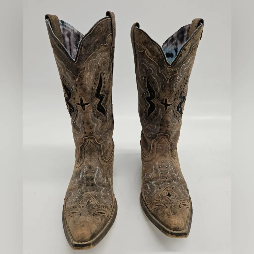 Laredo Women's  Lucretia Brown Snip Toe Studded Snake Inlay Cow Boy Boot Size 10 - Image 3