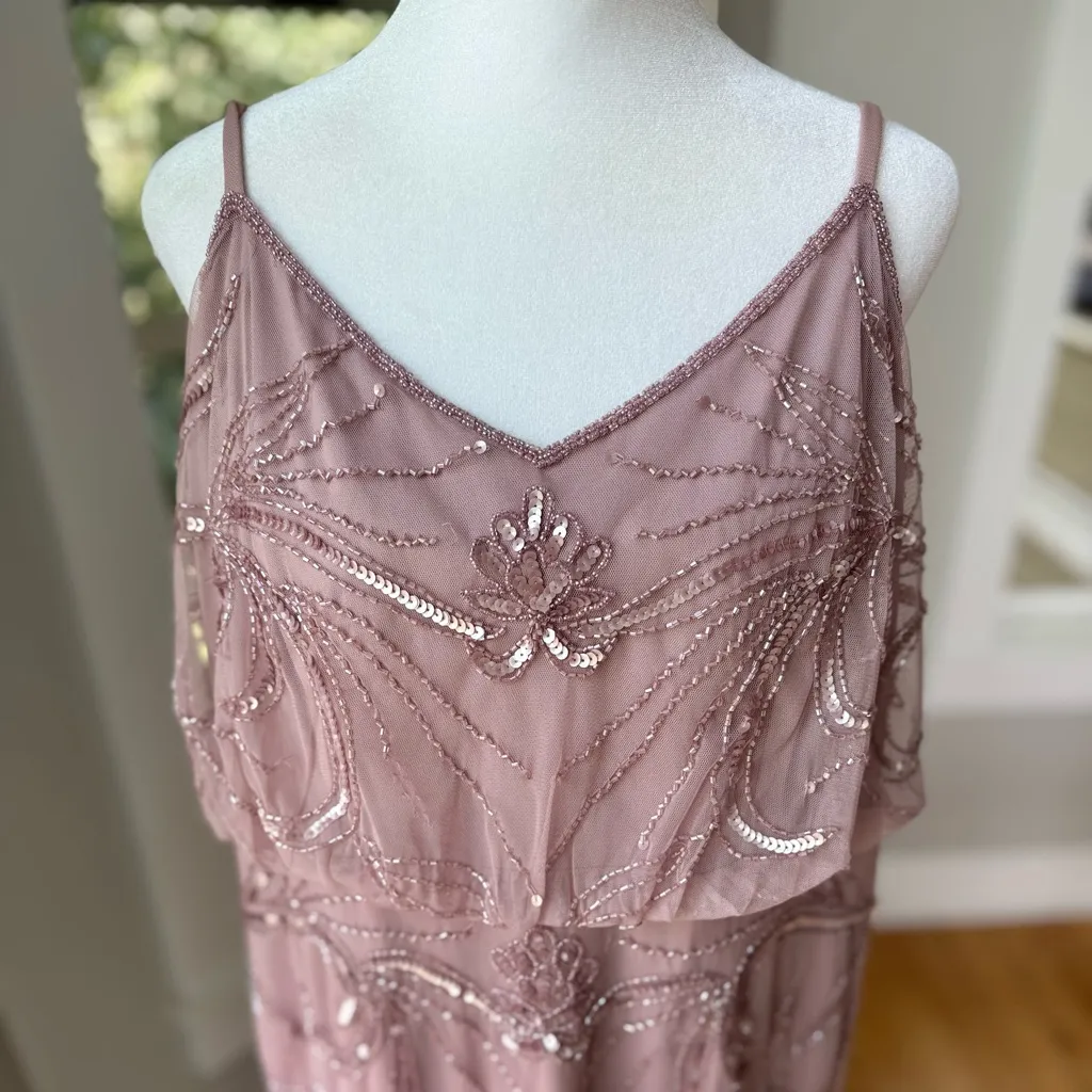 Adrianna Papell Dusted Petal Beaded Blouson Spaghetti Strap Gown Dress 10 Petite - Image 4