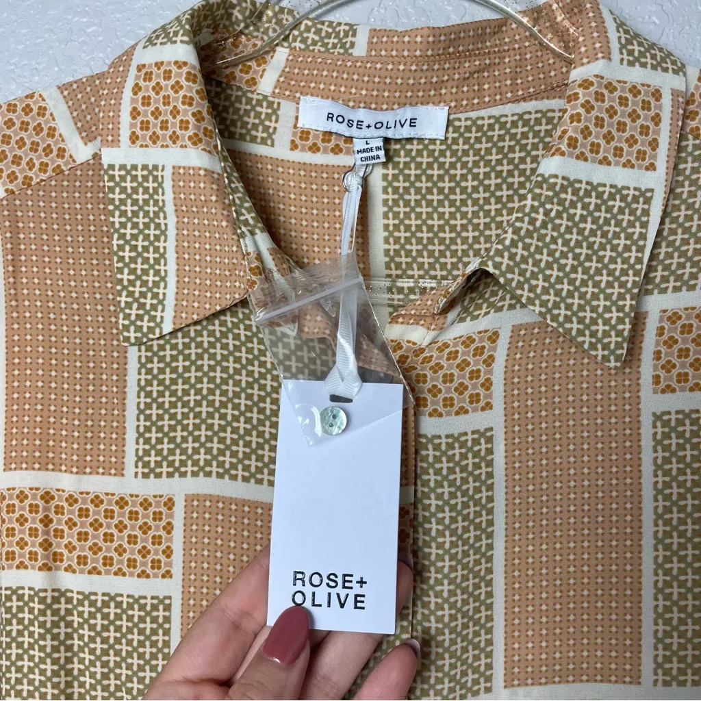 BNWT! Rose + Olive Geometric Patterned Button-Up Chiffon Shirt Sz L - 70’s Style - Image 6