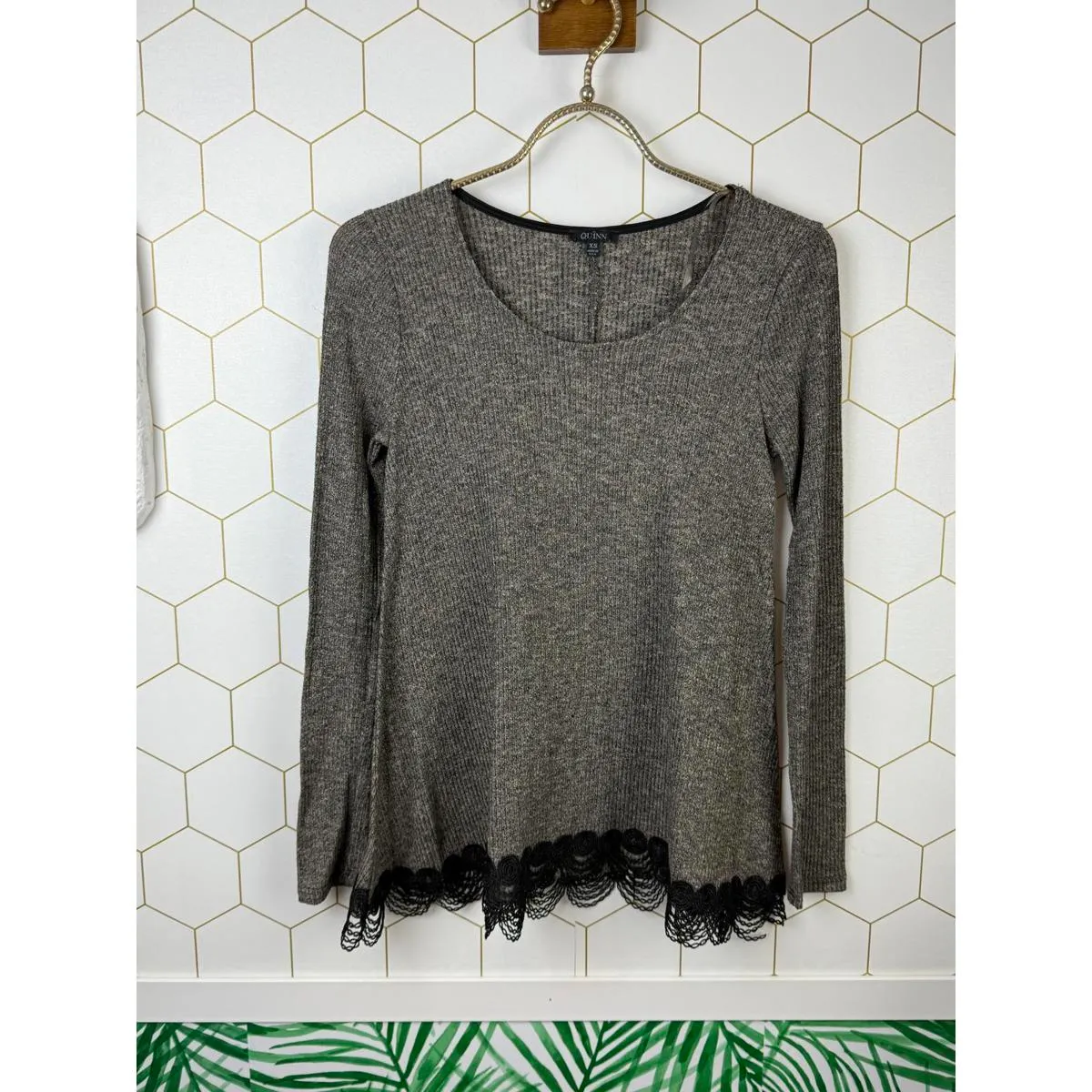 Quinn Gray Long Sleeve Top with Black Lace Hem - Image 6