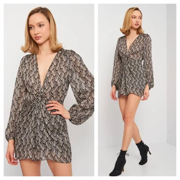 Zara Mini Dress 70s Gray Black Knotted Metallic Thread Draped Large 8677/067 - Image 2