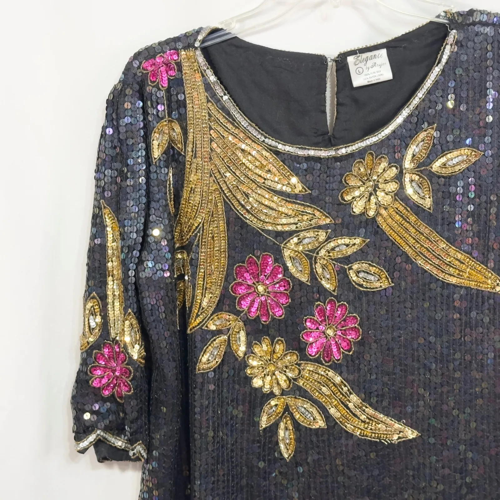 VTG 80s Elegance Sequin Top‎ Large Floral Beaded Party Blouse Black Gold 103 - Image 5