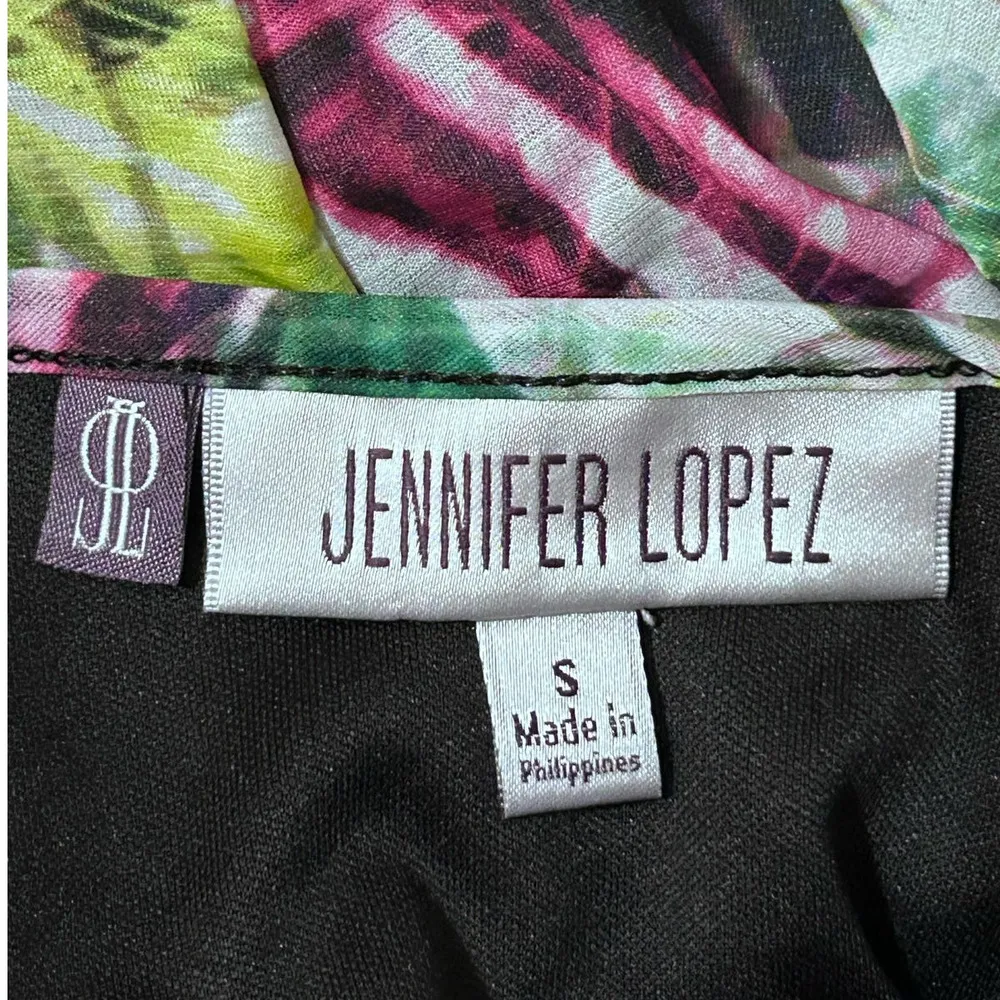 Jennifer Lopez Womens Black Green Purple Open Shoulder Blouse Gold Accent Size S - Image 4