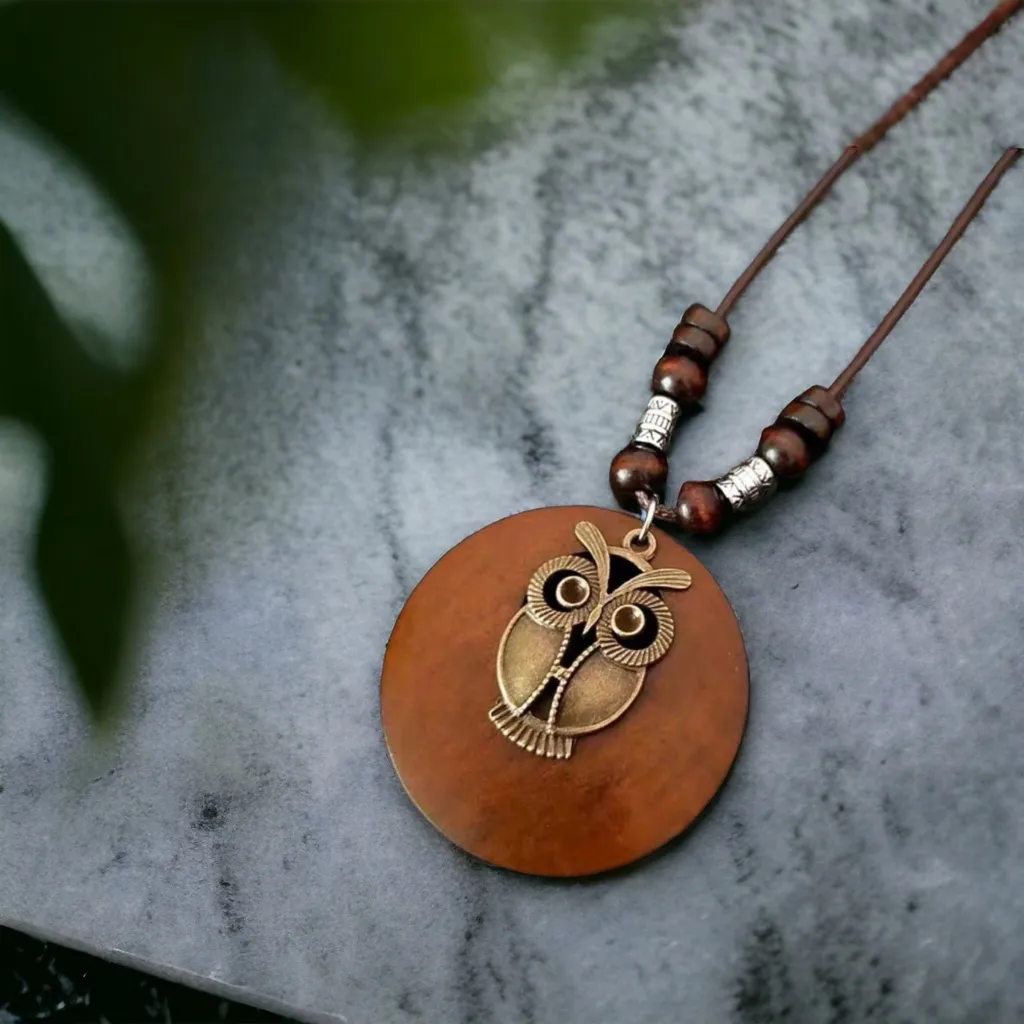 1pc Retro Owl Linen Accessories Ethnic Style Wooden Alloy‎ Sweater Necklace Brown - Image 2