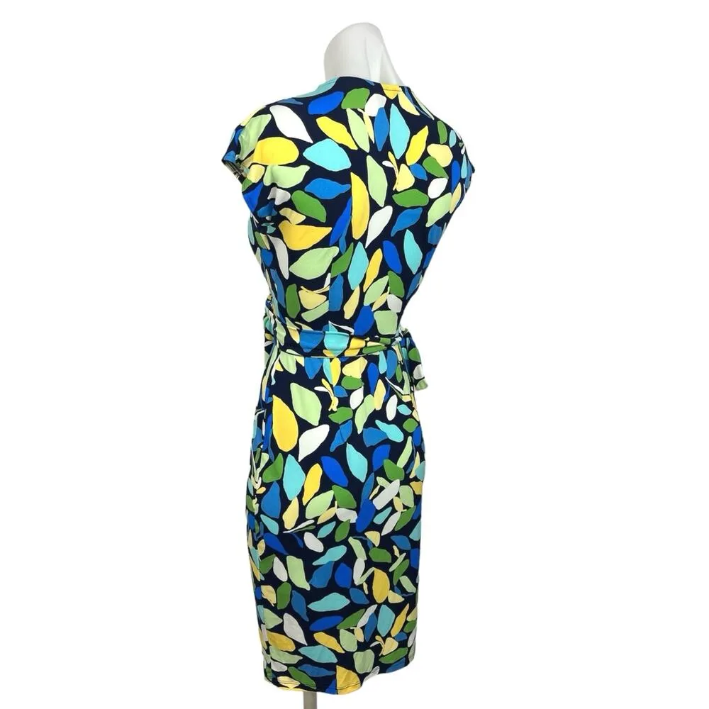 Maggy London Blue Green Cap Sleeve Printed V Neck Mini Wrap Dress Size 0 - Image 2
