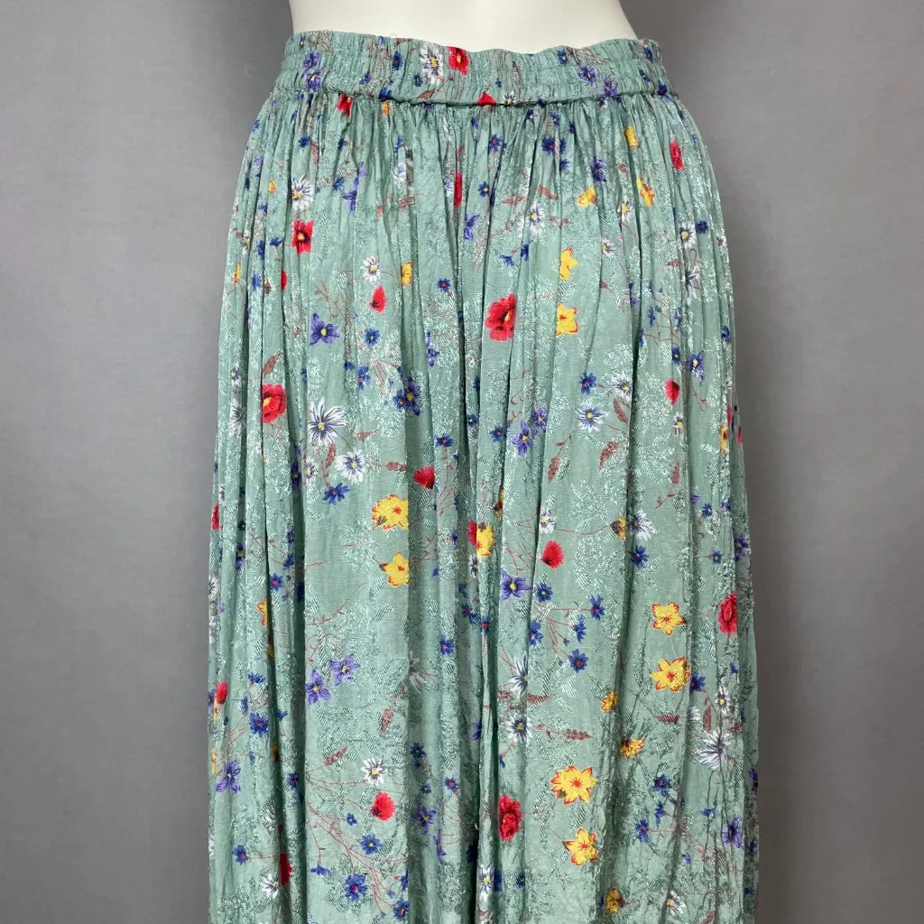 Vintage 90s Broomstick Skirt Floral Midi Elastic Waistband Sz Small Rayon Hippie Green - Image 3
