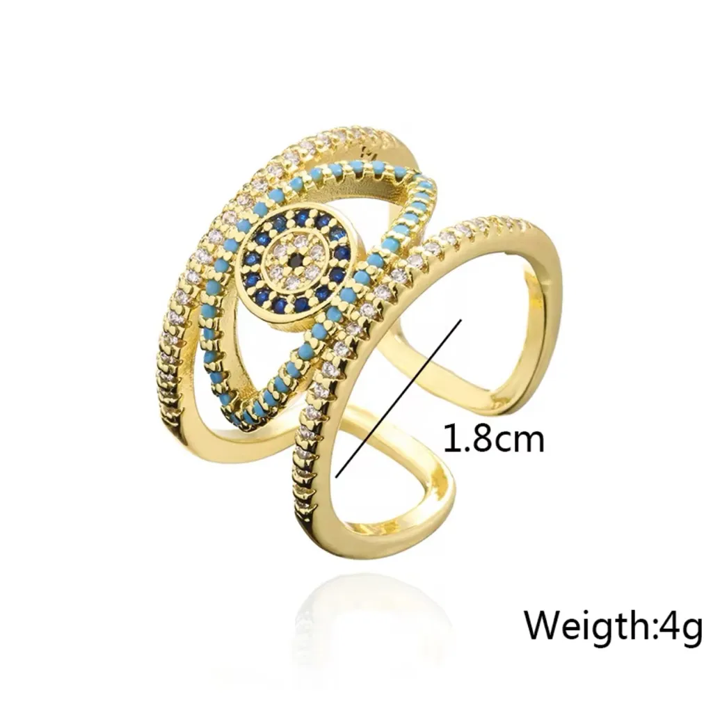 Turkish Blue Cubic Zirconia Evil Eye Adjustable Trendy Ring Gold - Image 2