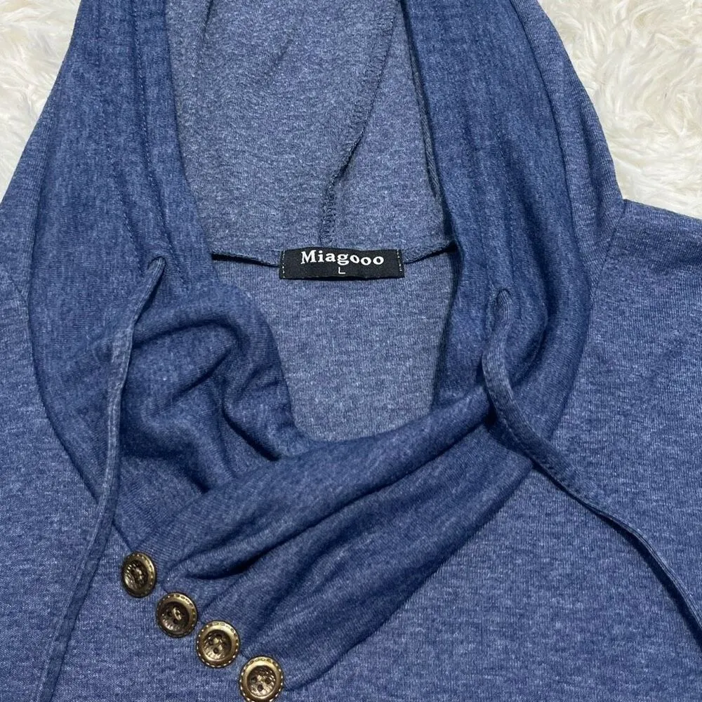 Lightweight Hooded Long Sleeve Top Button Detail Sz Large Women’s Blue - Image 7