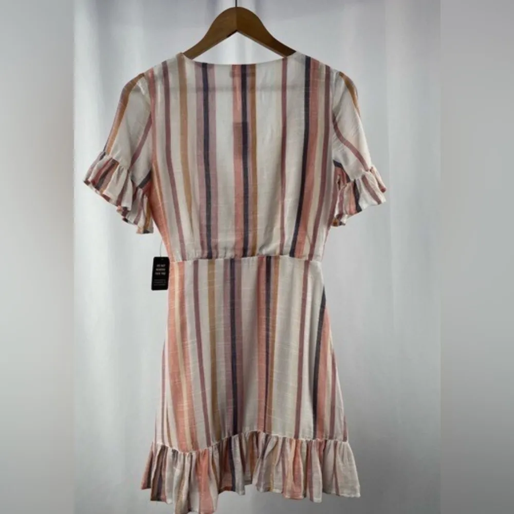 Express Cotton Blend Stripe Ruffle Wrap Dress in Cream Pink Size Medium - Image 11