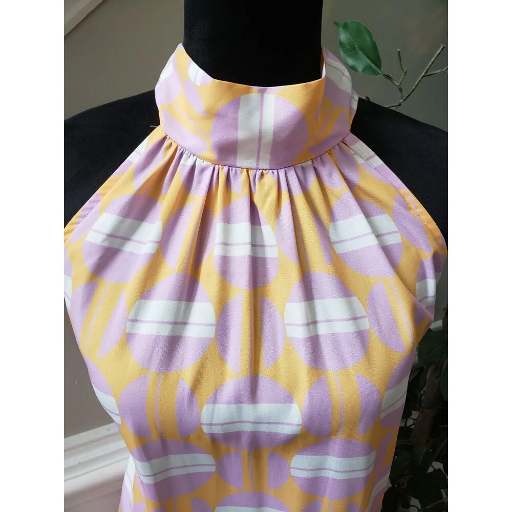 Women's Dress Medium Yellow Pink Sleeveless Halter Ruffle Hem Retro Mod Print - Image 7