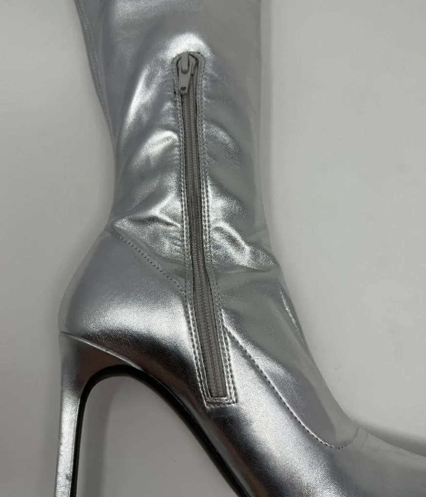 Open Edit Viv Pointy Toe Knee High Heeled Boot Women's 7 Silver Going Out NWOB - Image 11