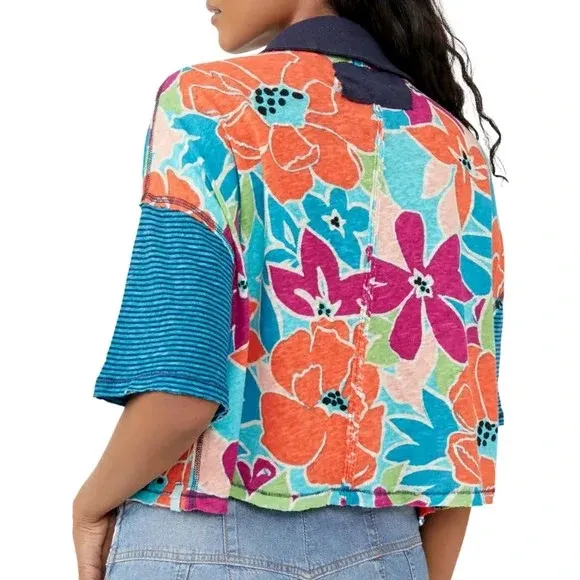 NWT Free People Floral Striped Collared On A Boat Boxy Crop Polo Shirt - Image 3