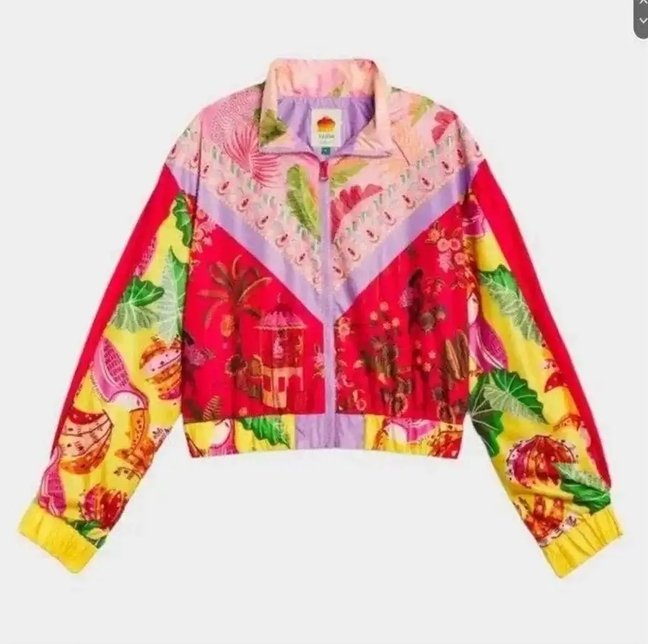 Farm Rio Mixed Scarves Multi Color Windbreaker Jacket Size XL Toucan Tropical - Image 3